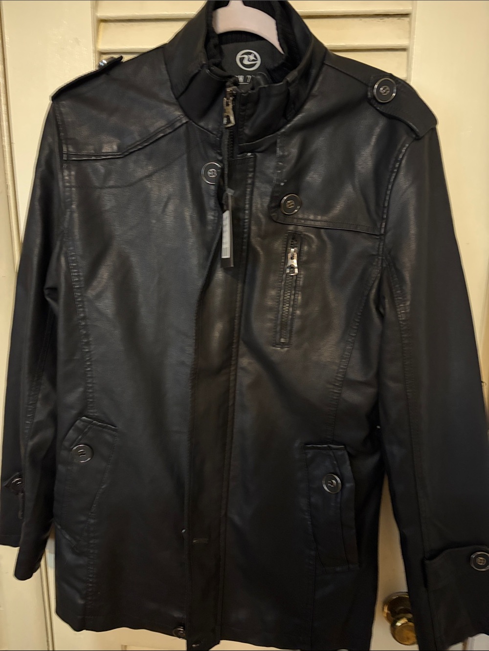 Women's Black Faux Leather Zip-Front Jacket with Epaulets